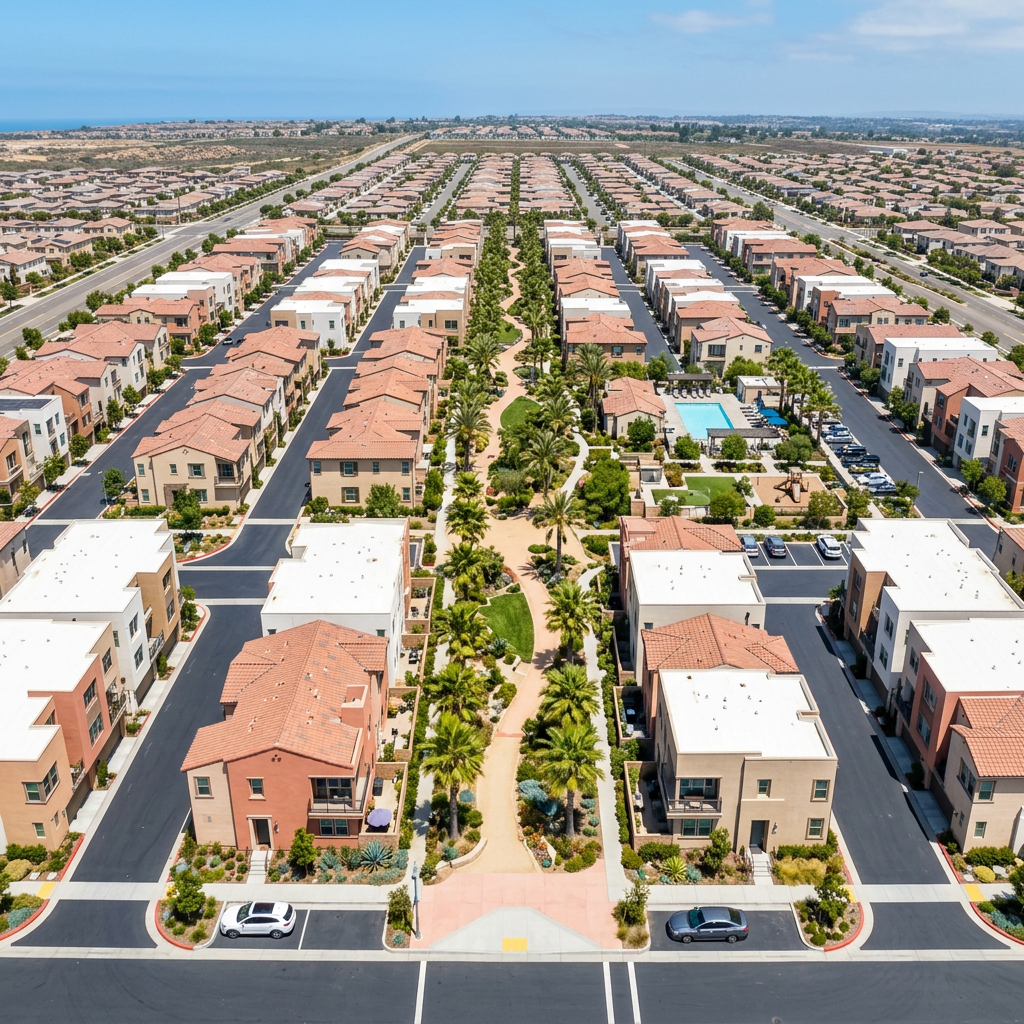 Aerial view of compact luxury townhome community in Southern California