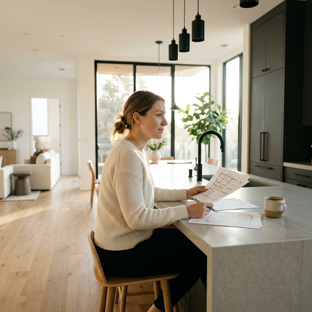 Woman reviewing floor plans at luxury new construction kitchen island