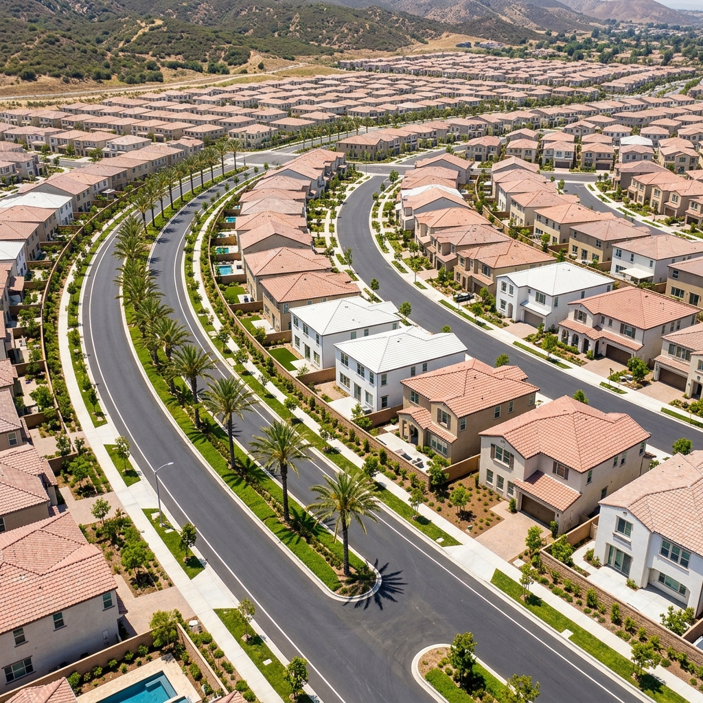 Aerial view of new construction suburban community in Southern California