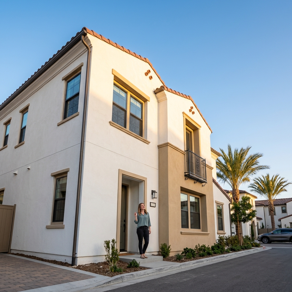 Woman holding house key outside new construction Southern California home