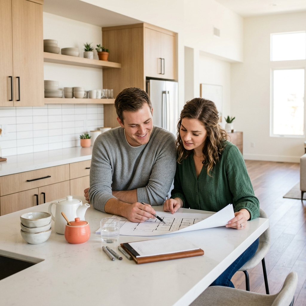 Couple reviewing new construction home plans at kitchen island