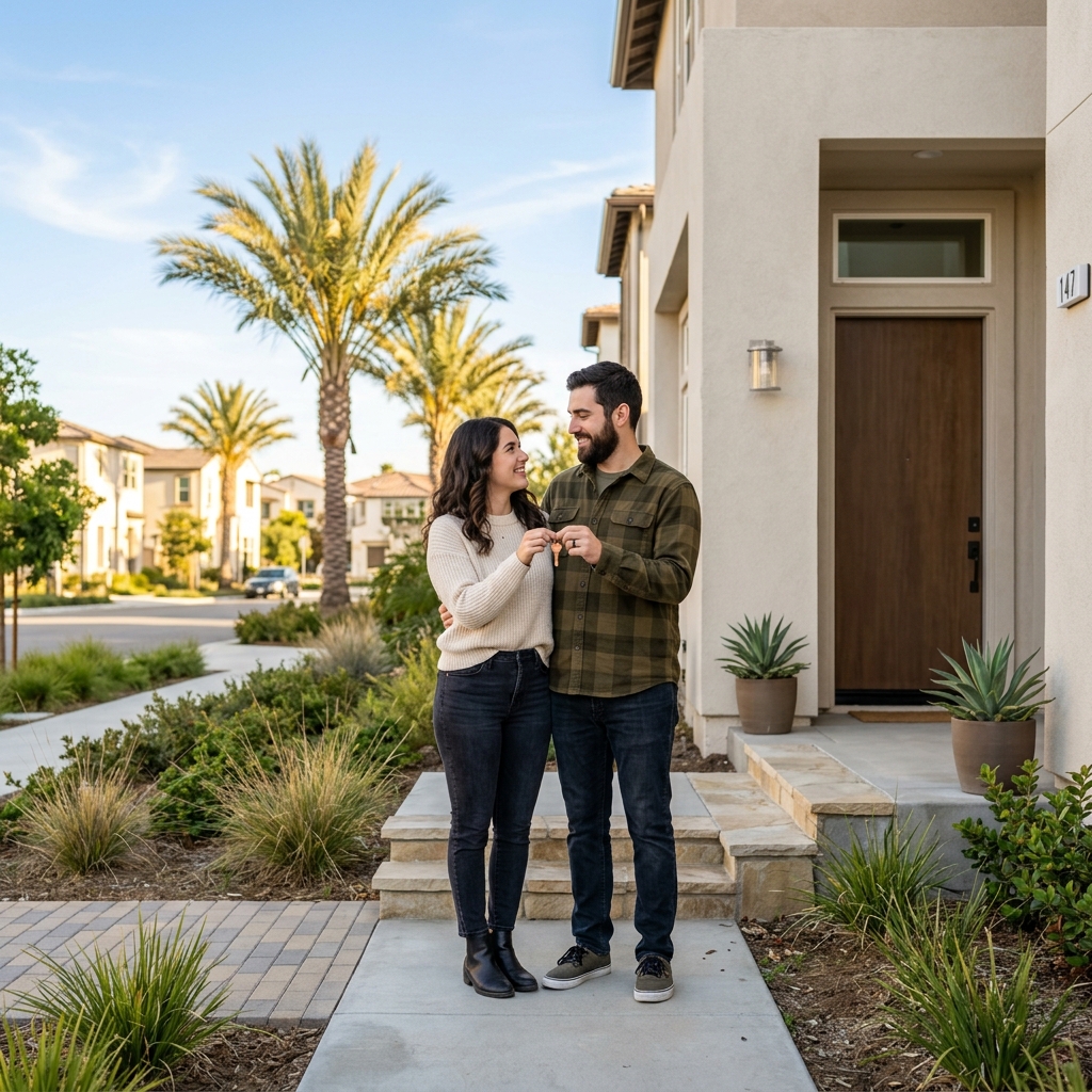 Couple holding key at new construction home entrance
