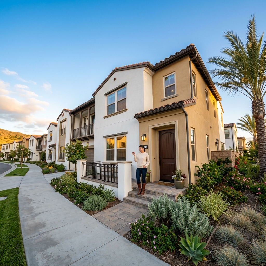Woman holding house key at new construction home doorstep