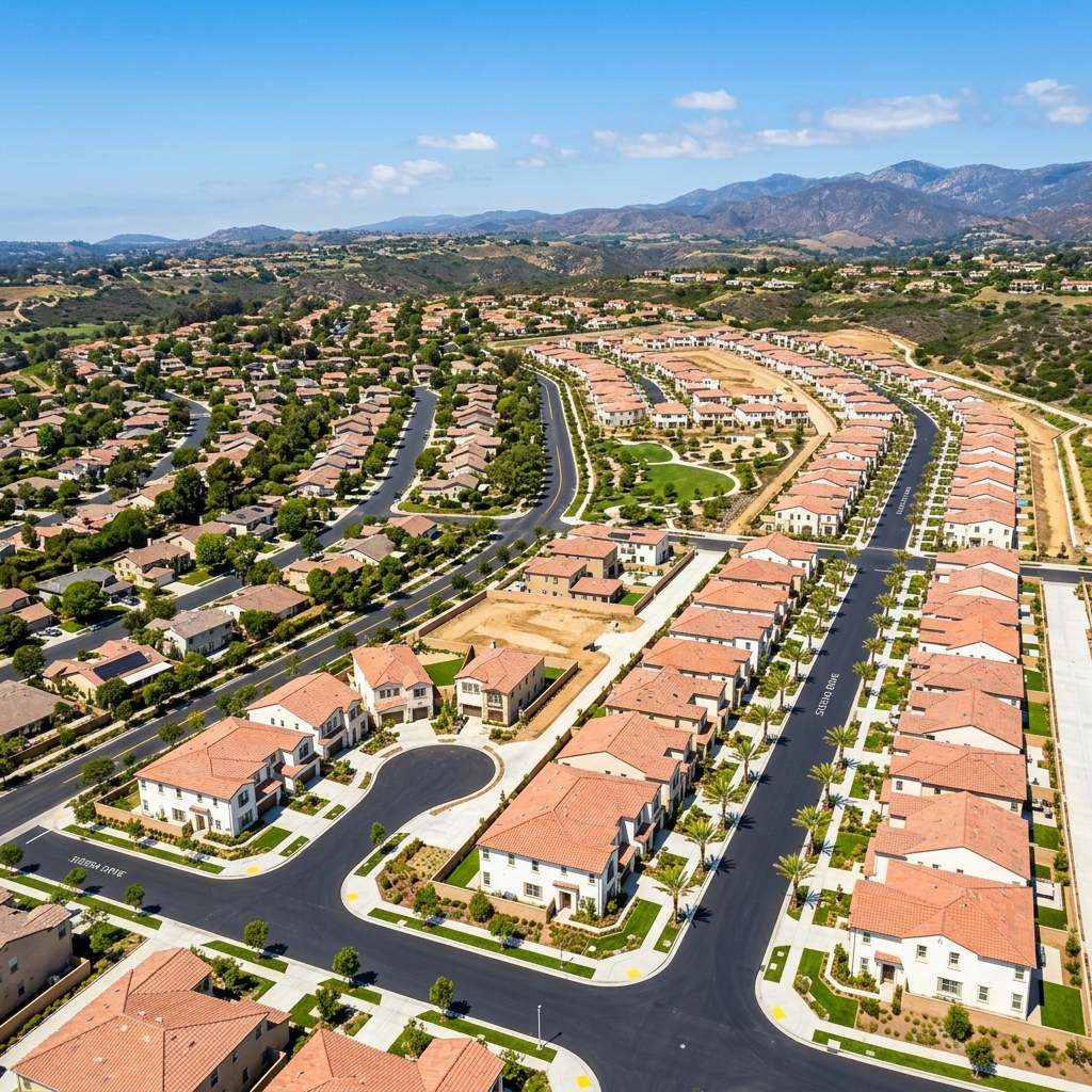 Aerial view of new and existing Southern California neighborhoods