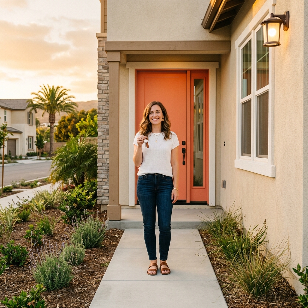Woman holding key at doorstep of new SoCal home
