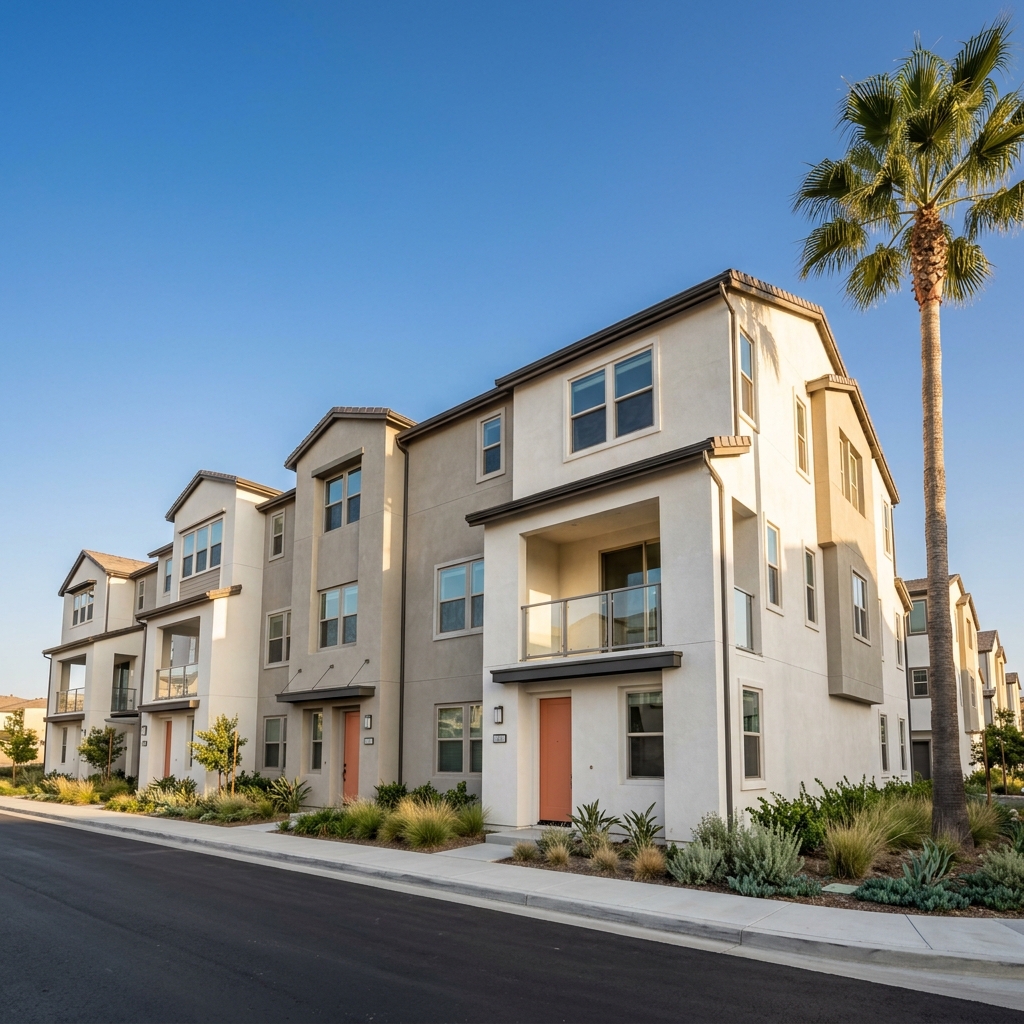 New stucco townhomes in sunny Southern California planned community