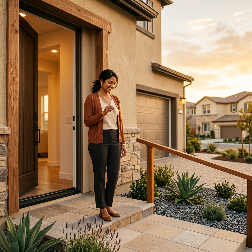 Woman holding house key on doorstep of new construction home