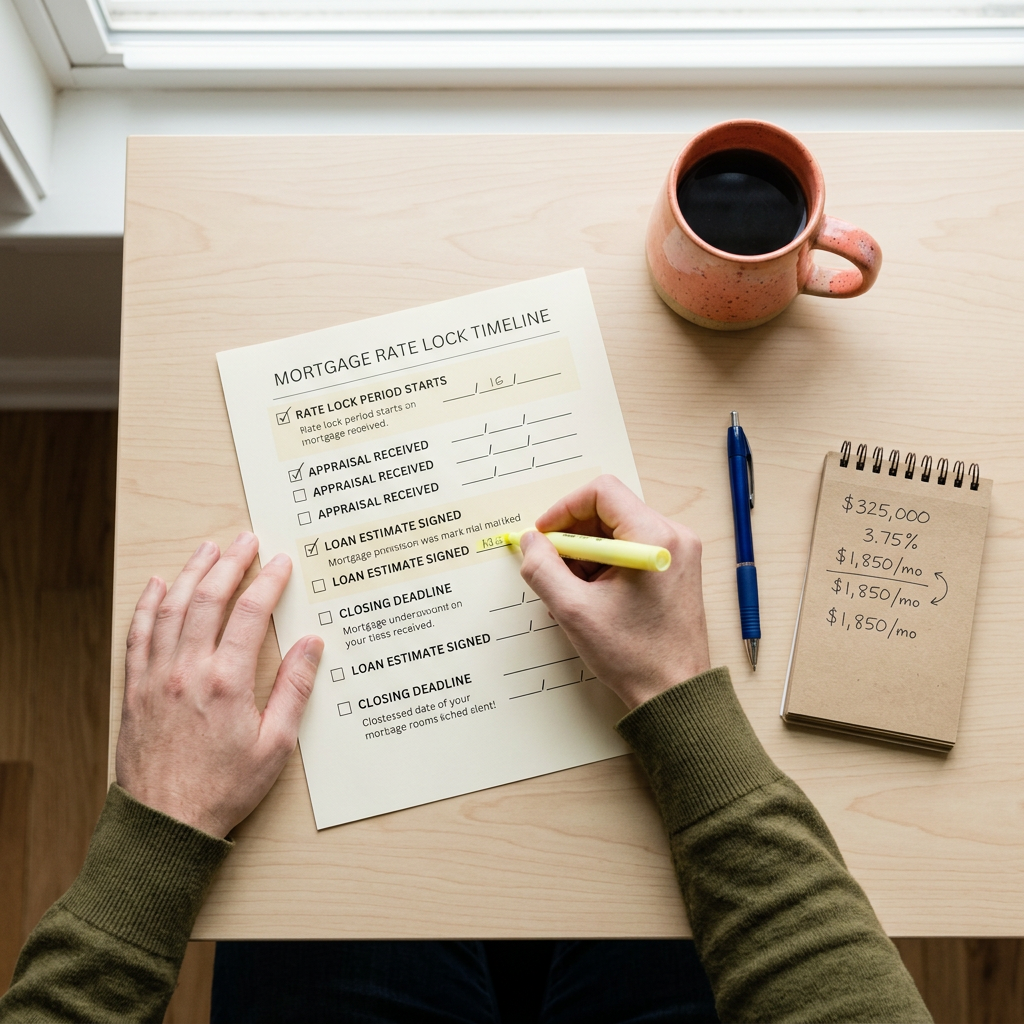 Overhead view of mortgage rate lock documents on bright desk