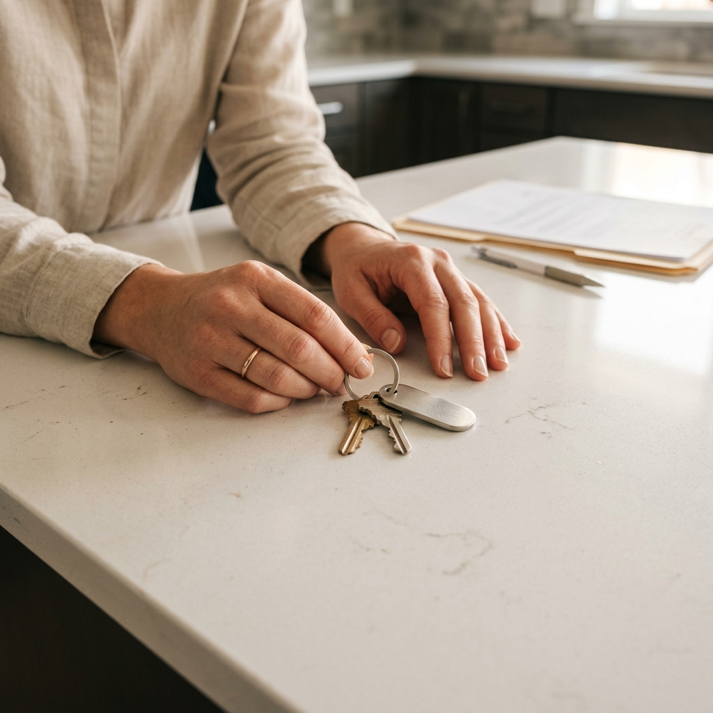 Buyer hands holding new house keys on white quartz countertop