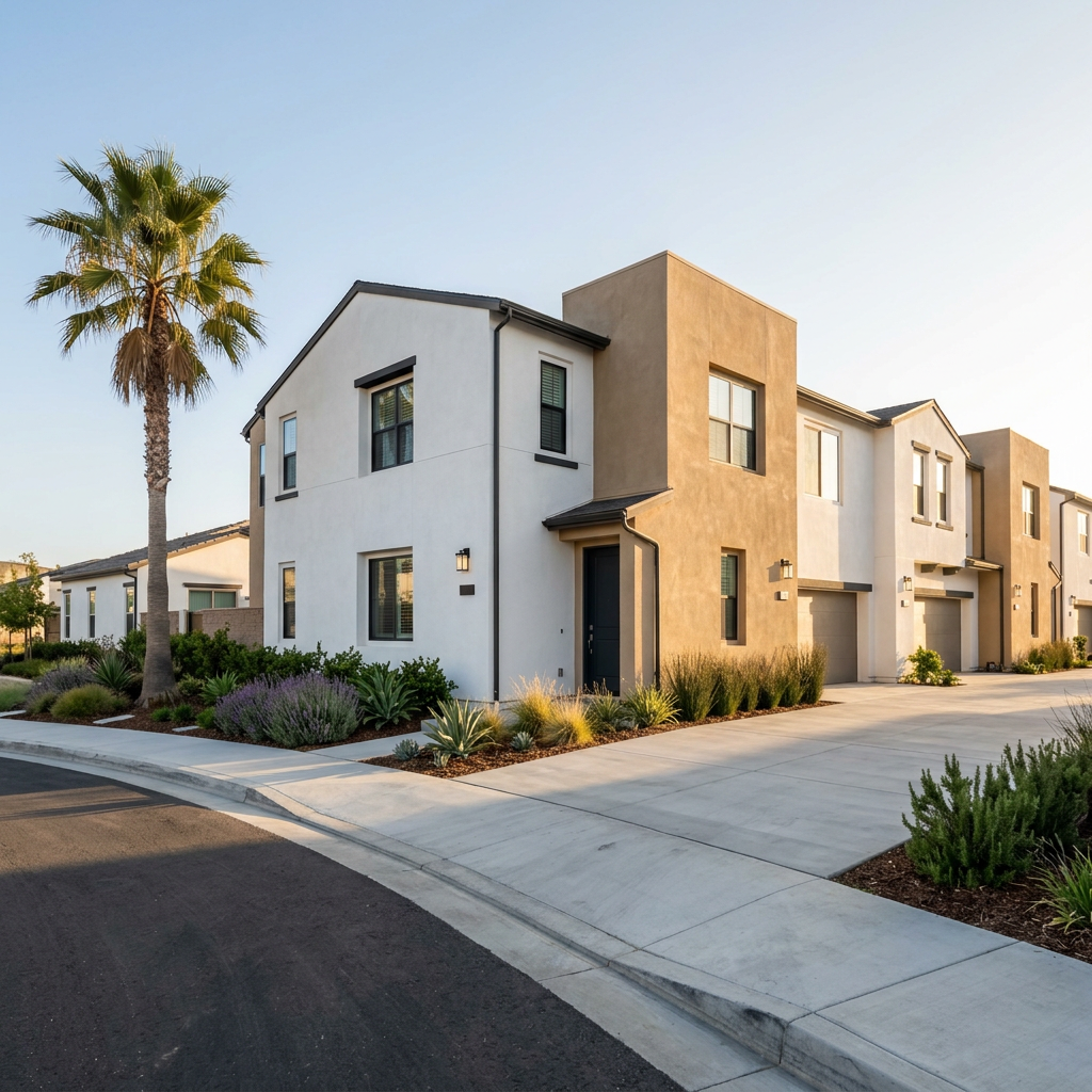 Newly built stucco townhomes under clear Southern California sky