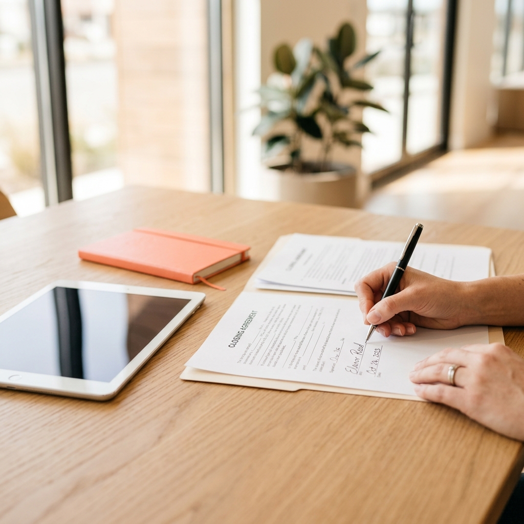 Buyer signing closing documents with cost breakdown visible nearby
