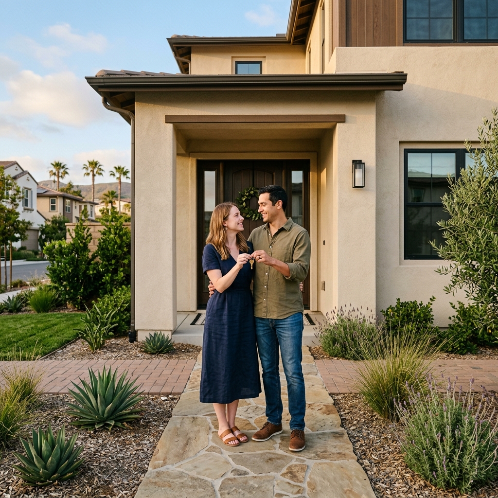 Couple holding key at entrance of new construction home at sunset