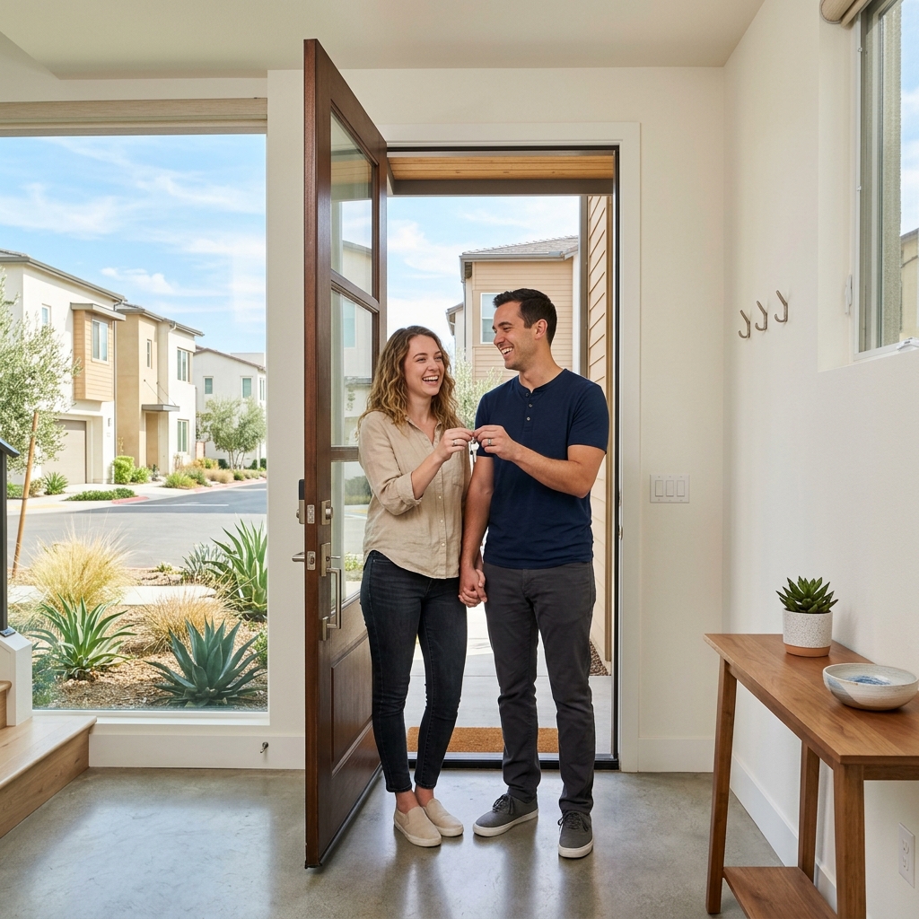 Couple holding key at entrance of newly built Southern California home