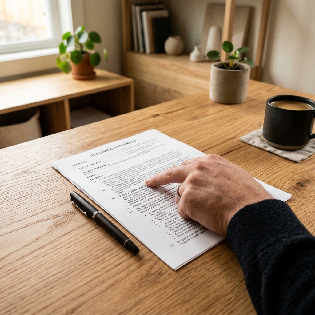 Buyer carefully reviewing contract document text