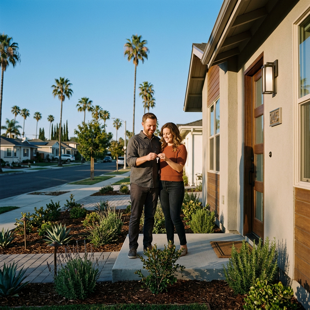 Couple holding key on new construction home doorstep
