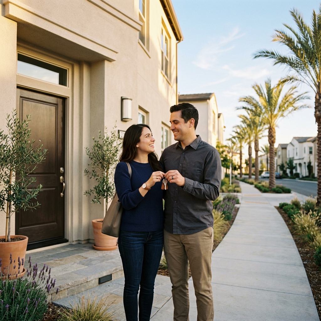 Couple smiling holding keys at new construction home entrance