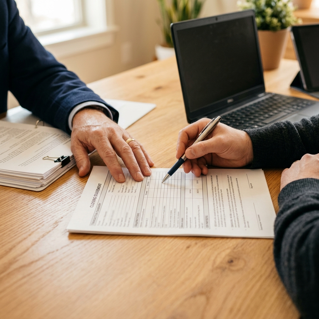Hands reviewing closing documents at wooden table together
