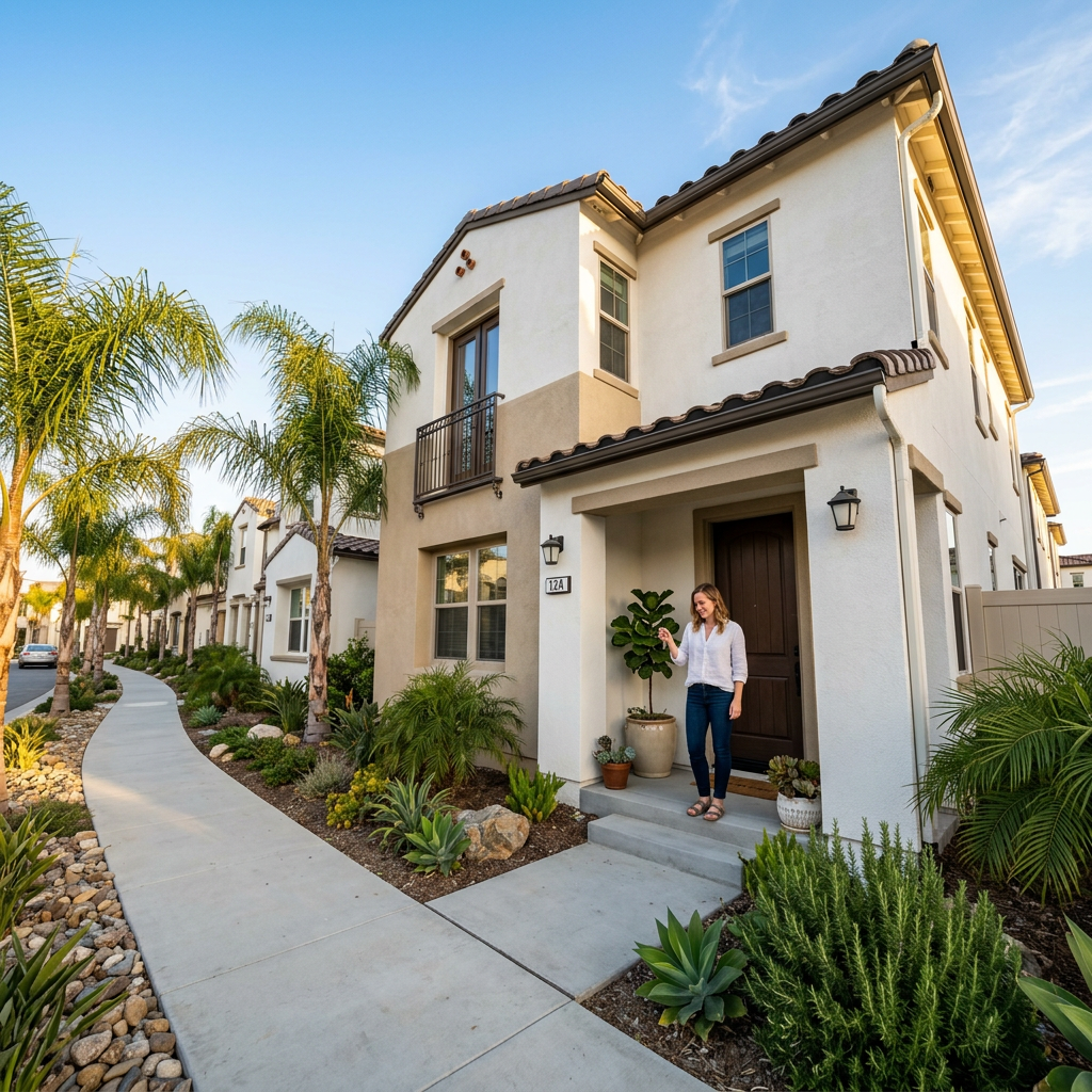 Woman holding house key on doorstep of new SoCal home