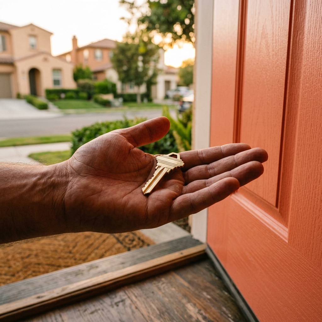 New house key held at front door of Southern California home