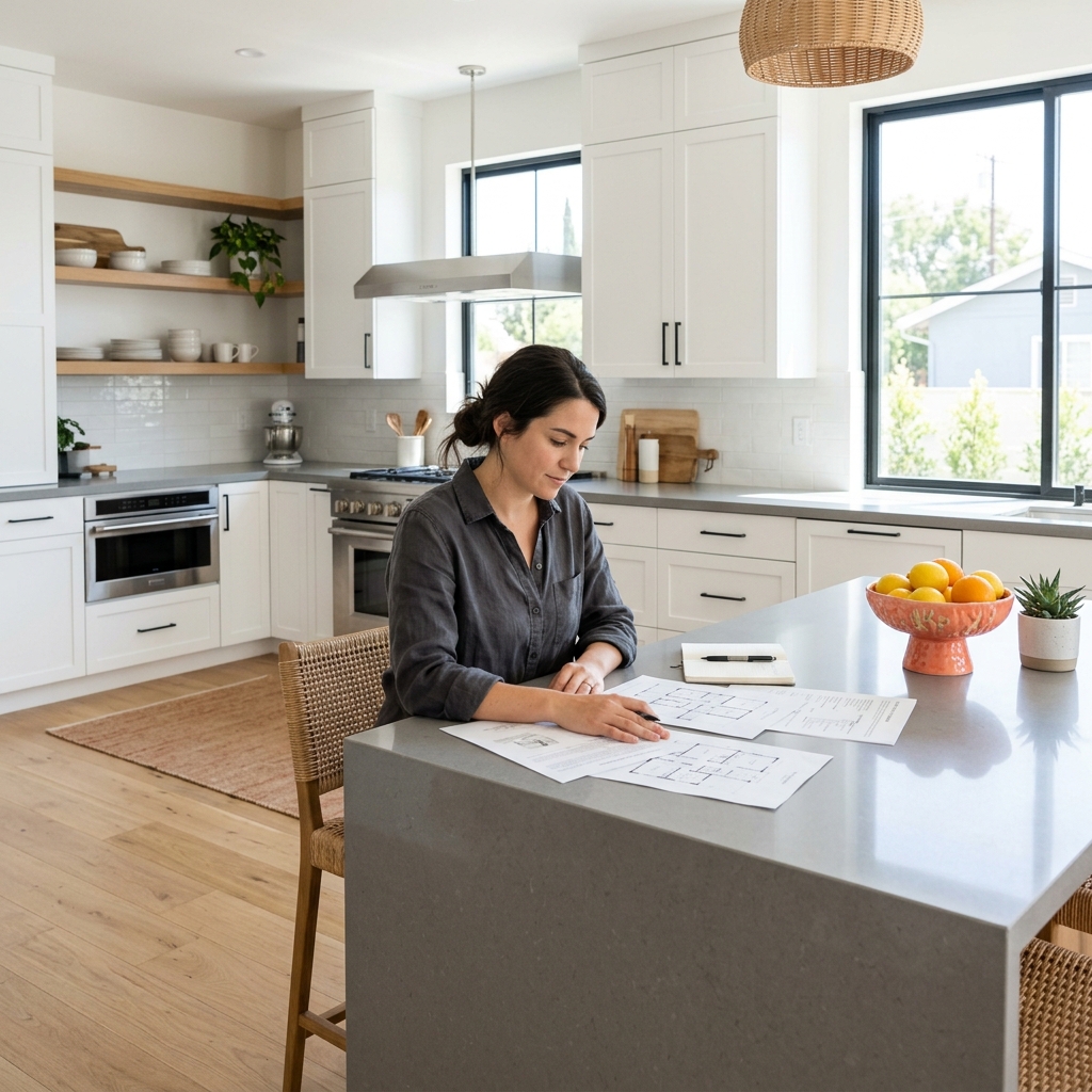 Woman reviewing home purchase documents at new construction kitchen island