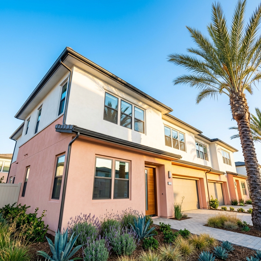 Newly built stucco townhome under clear Southern California blue sky