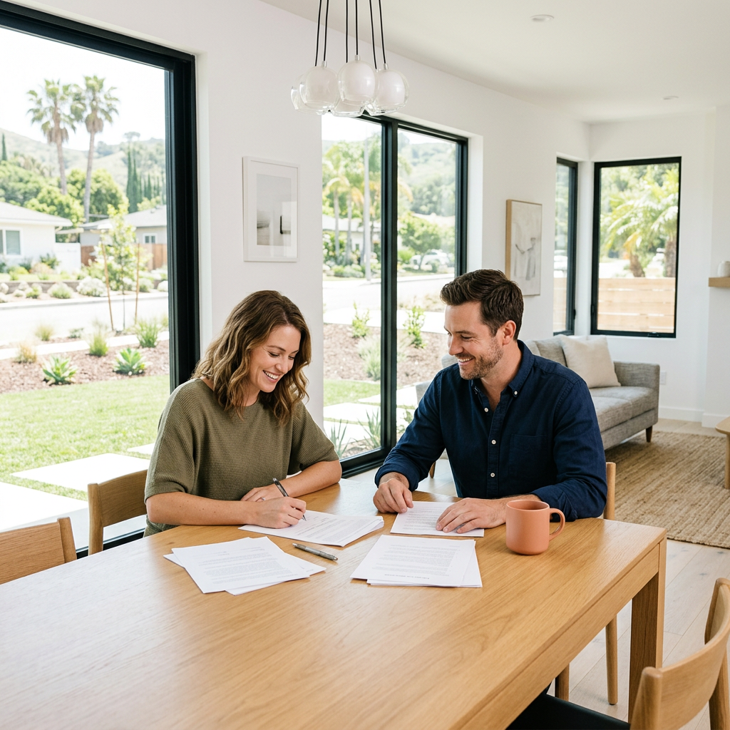 Couple smiling while signing new construction home closing documents