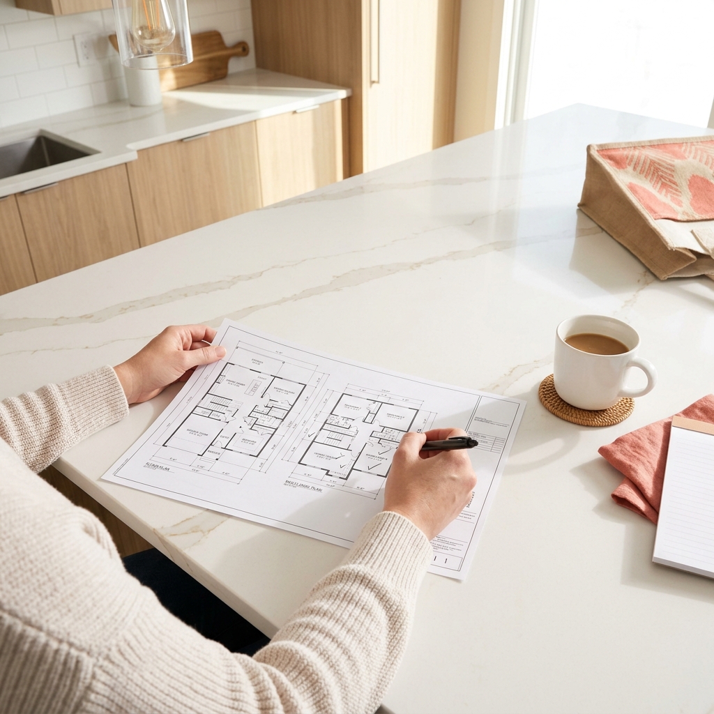 Buyer hands annotating floor plan on white quartz kitchen island