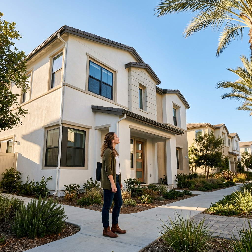 Woman calmly inspecting exterior roofline of new stucco townhome in SoCal