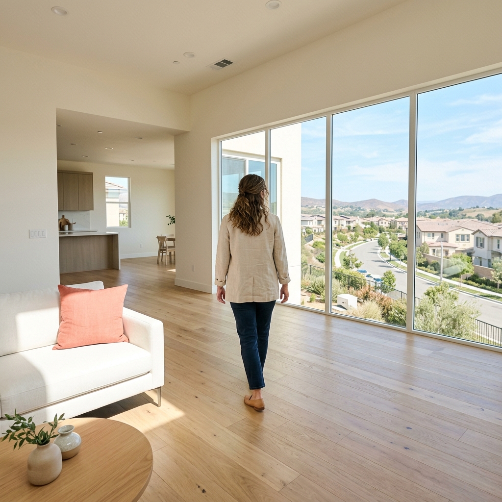 Buyer walking through bright model home interior