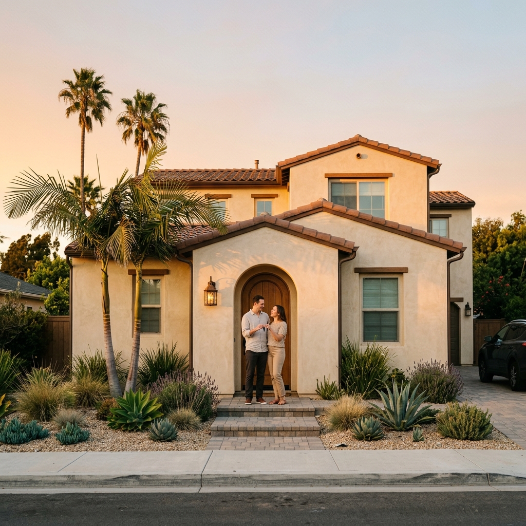 Couple holding key at new home entry at sunset
