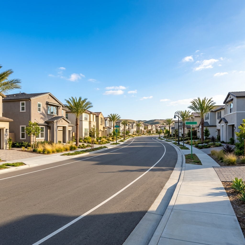 Newly built suburban street in Southern California planned community