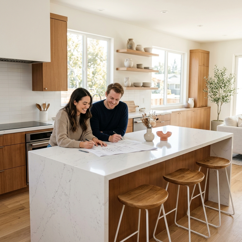 Young couple reviewing documents at new construction kitchen island