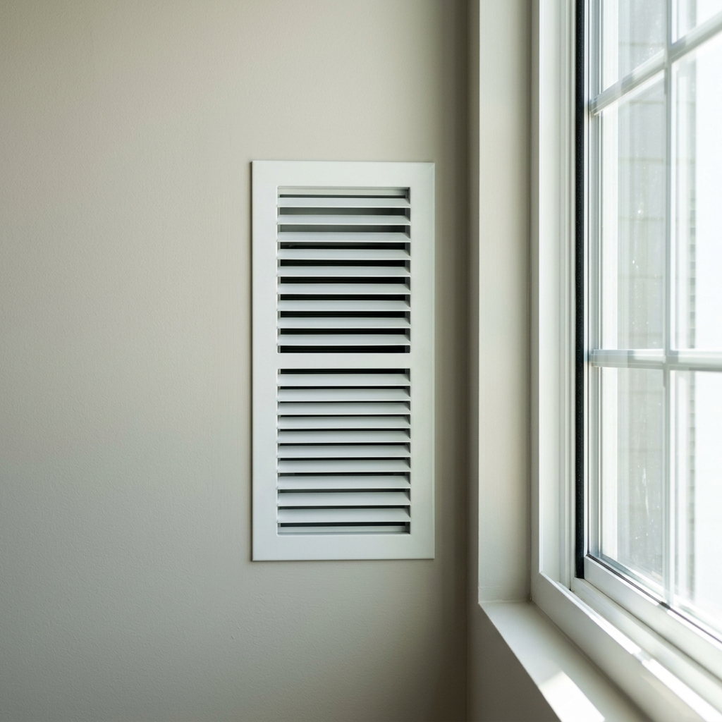 New construction HVAC vent and energy efficient window detail close up