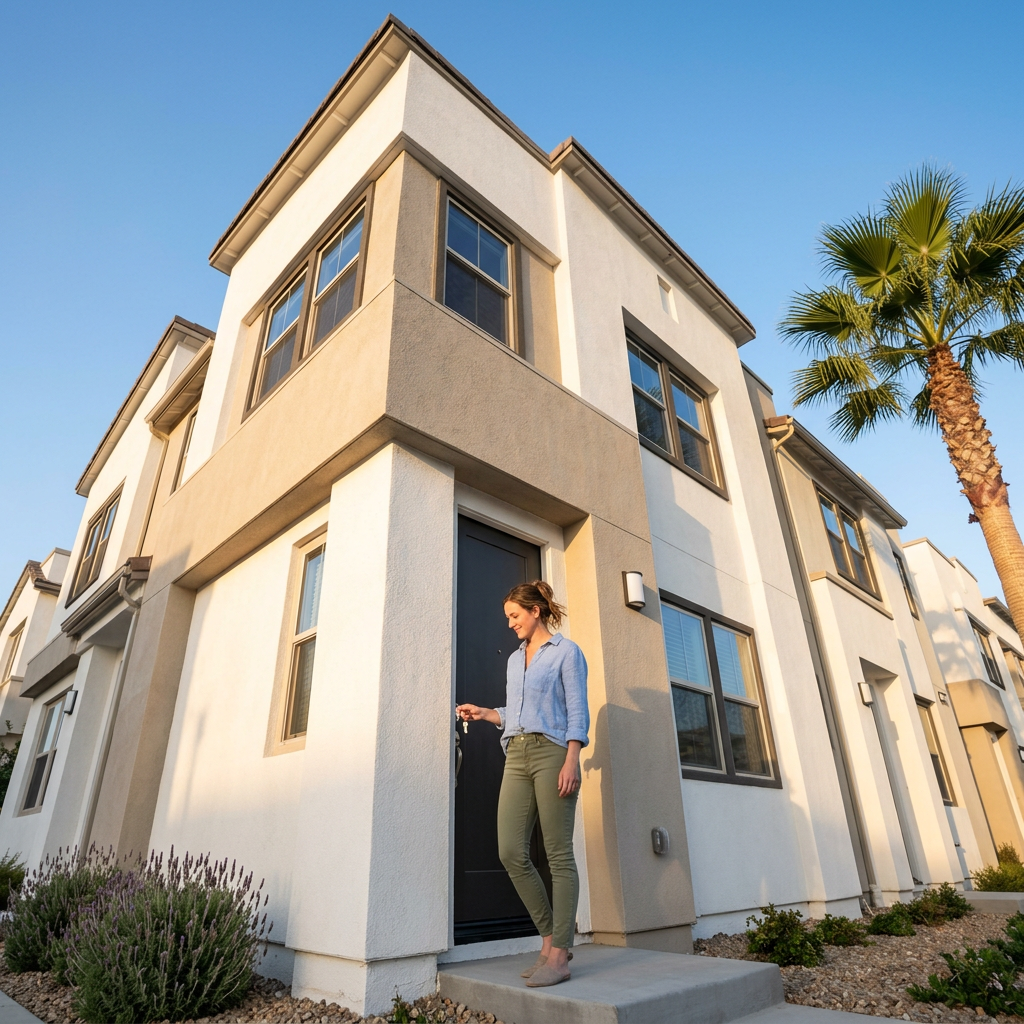 Woman holding key at doorstep of new construction SoCal home