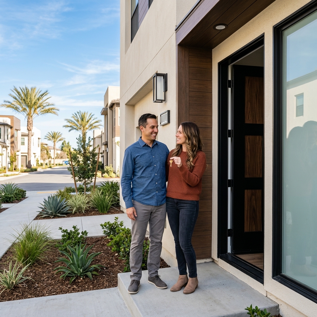 Couple holding keys at new construction home entrance