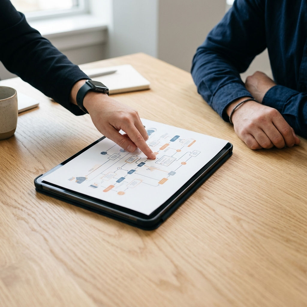 Two people reviewing new construction timeline together