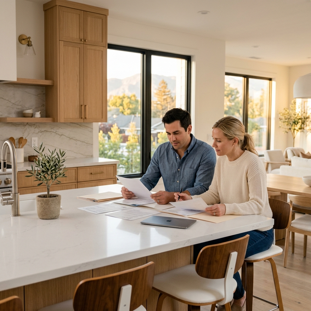 Couple reviewing new construction documents at kitchen island in sunlight