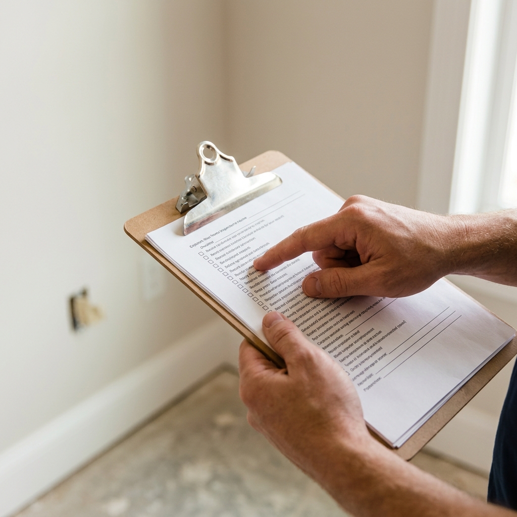 Inspector's hand pointing to defect on new construction inspection checklist