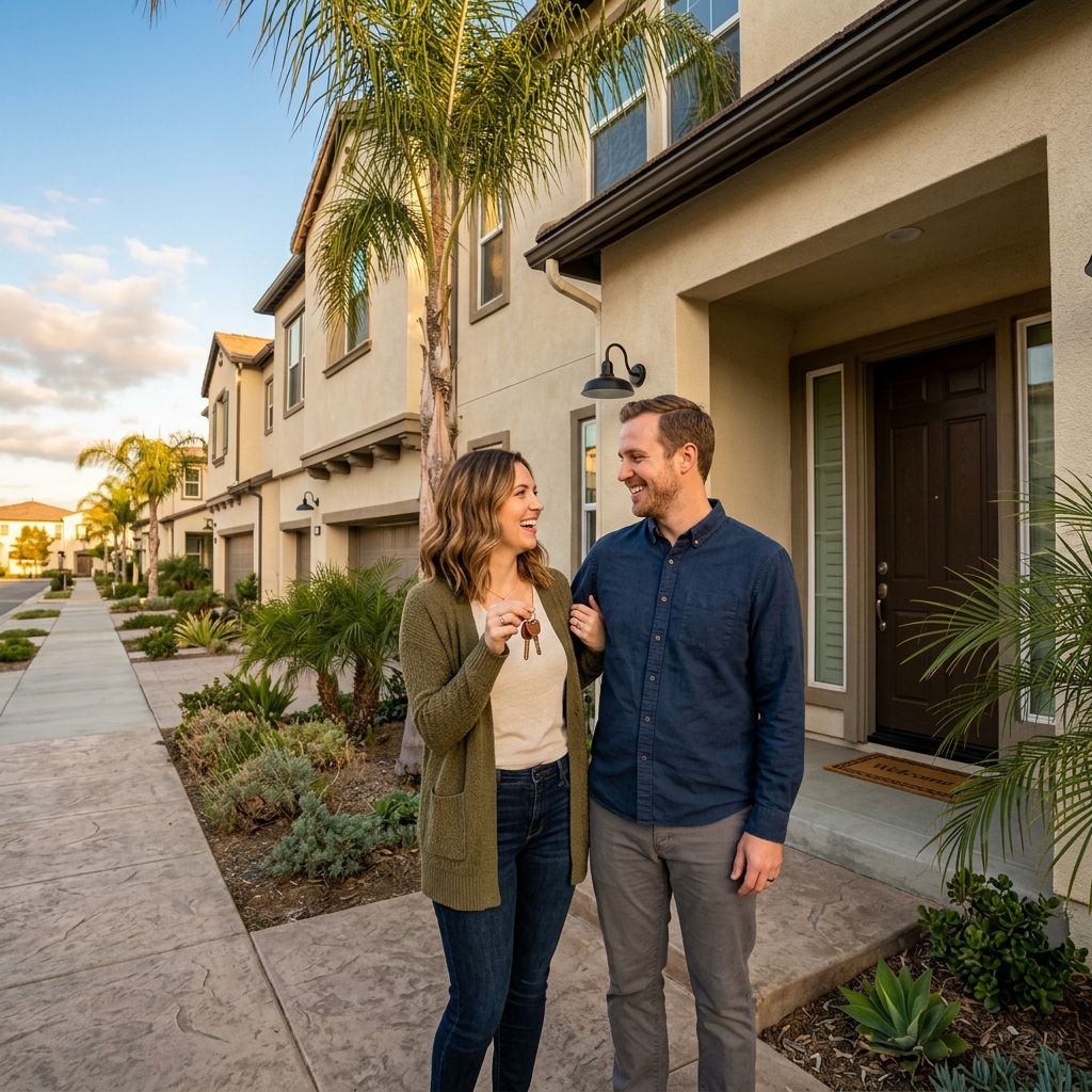 Couple holding keys at front of newly built Southern California home