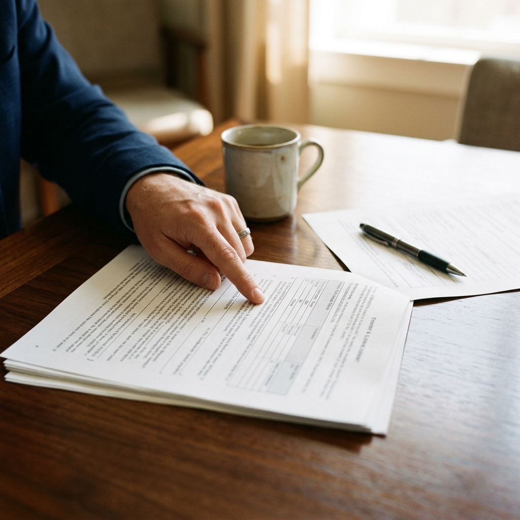 Homebuyer reviewing closing documents at wooden table with coffee