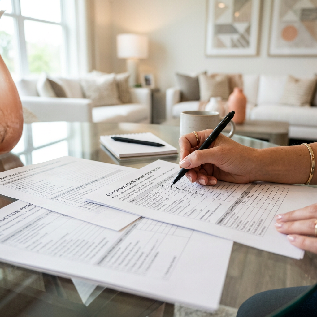 Buyer reviewing construction timeline checklist and documents
