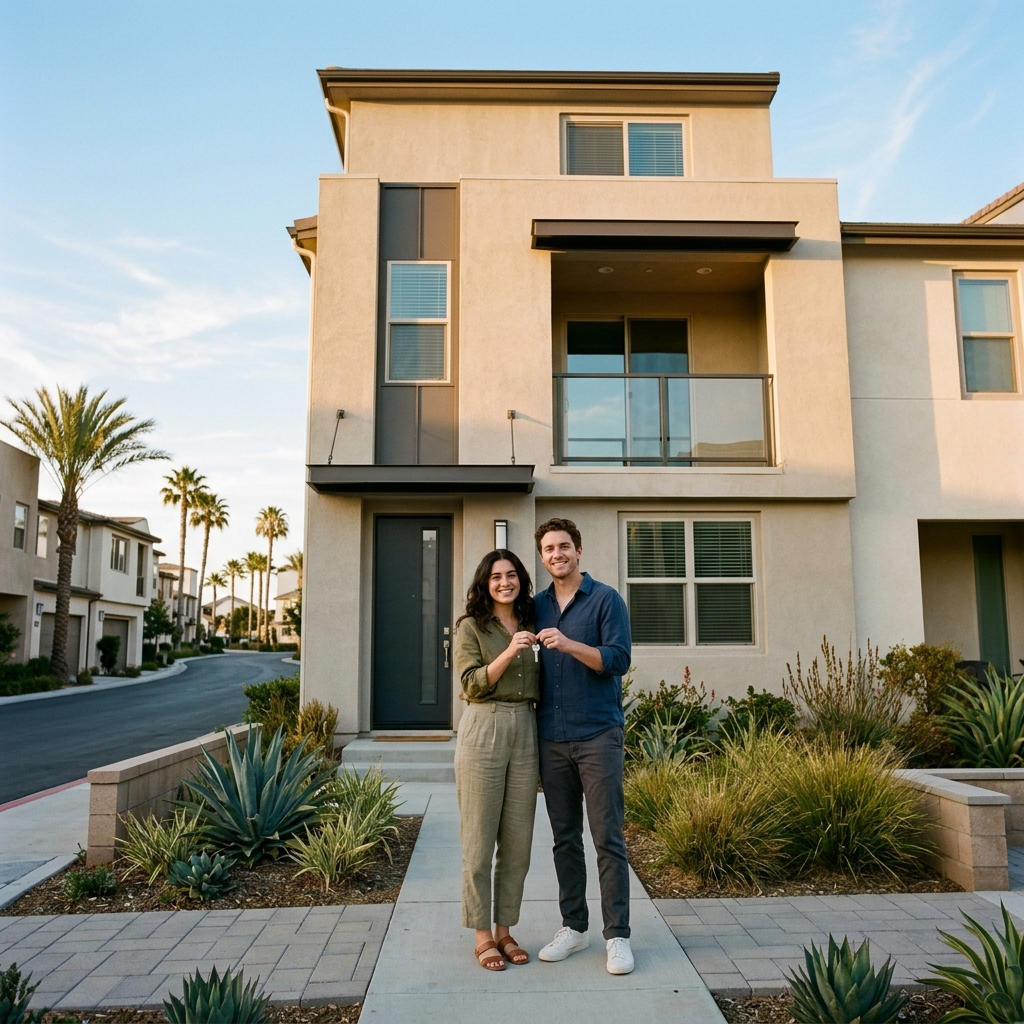 Couple holding key to newly built home at golden hour