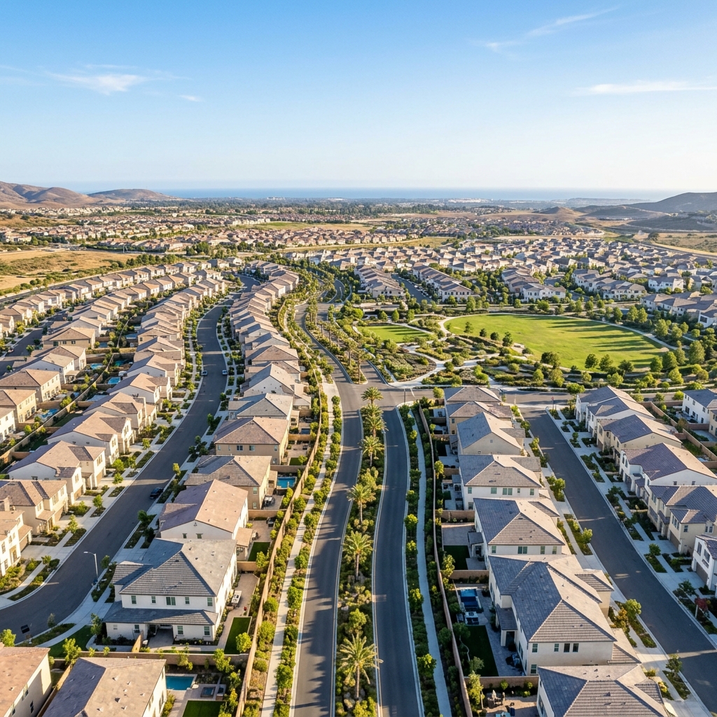 Aerial view of new master-planned community with palm-lined streets