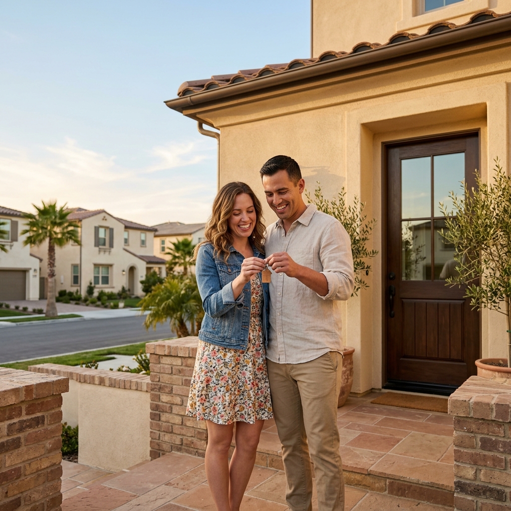 Couple holding house key on front stoop of new construction home
