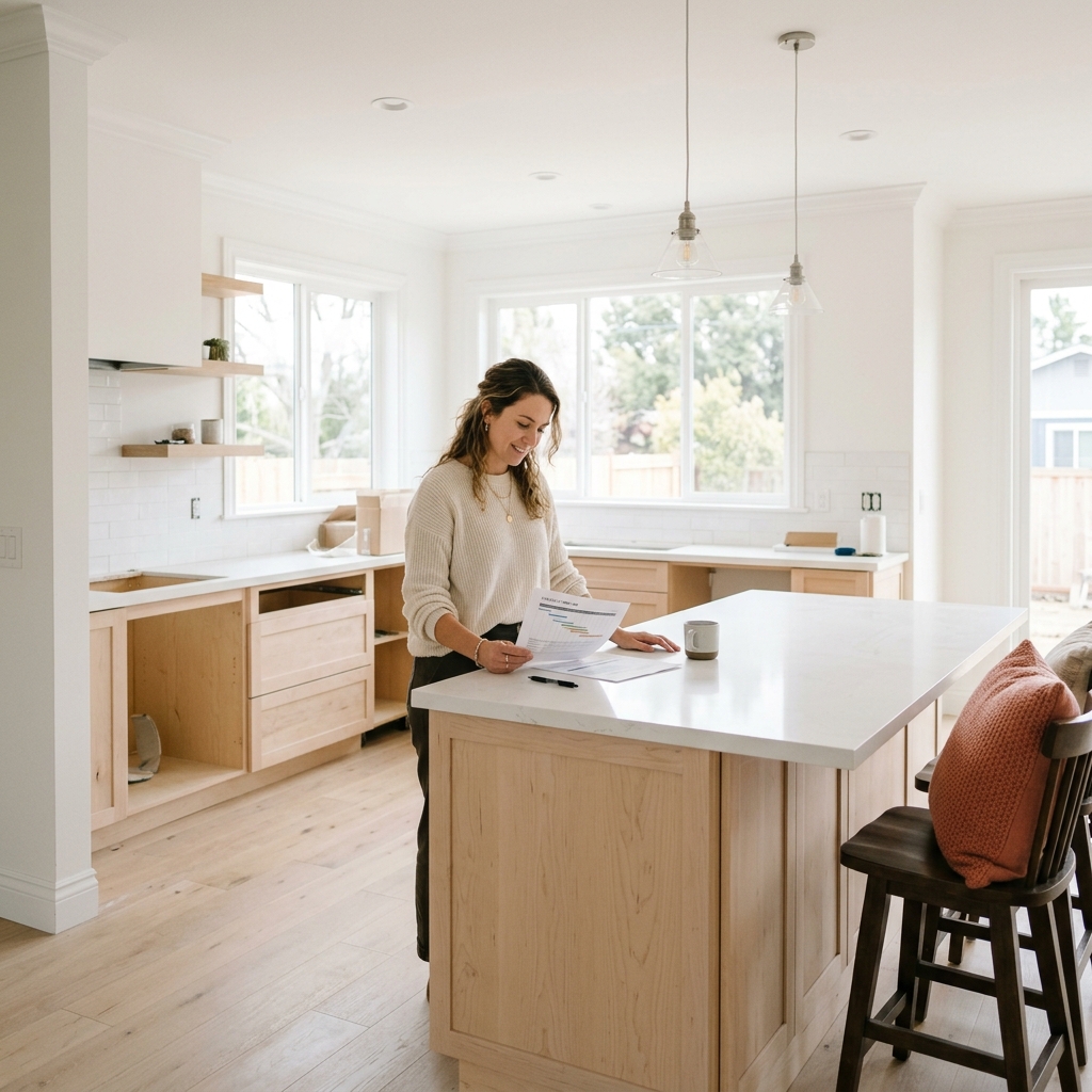 Young woman reviewing construction timeline documents at new home kitchen island