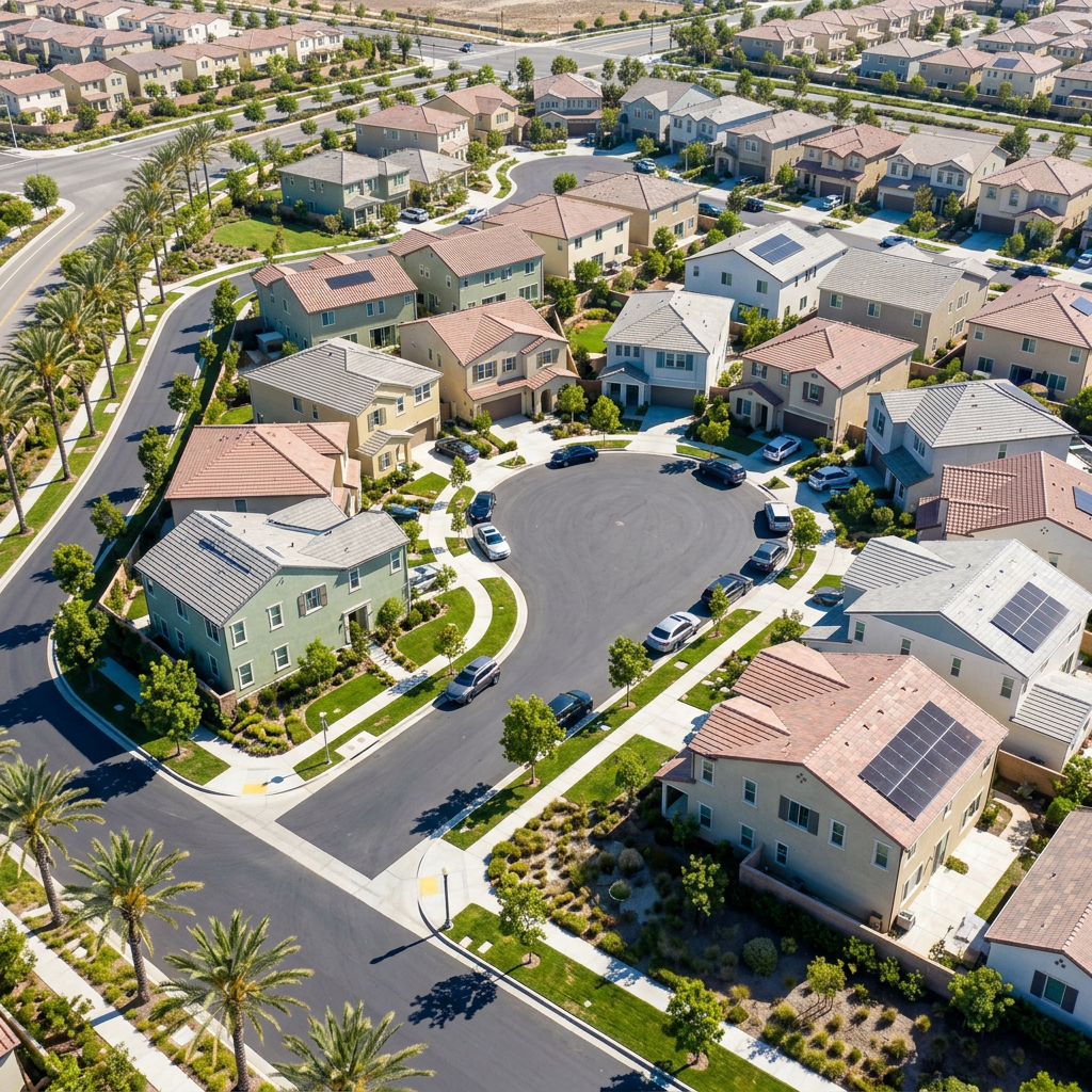 Aerial view of solar-oriented new construction neighborhood in Southern California