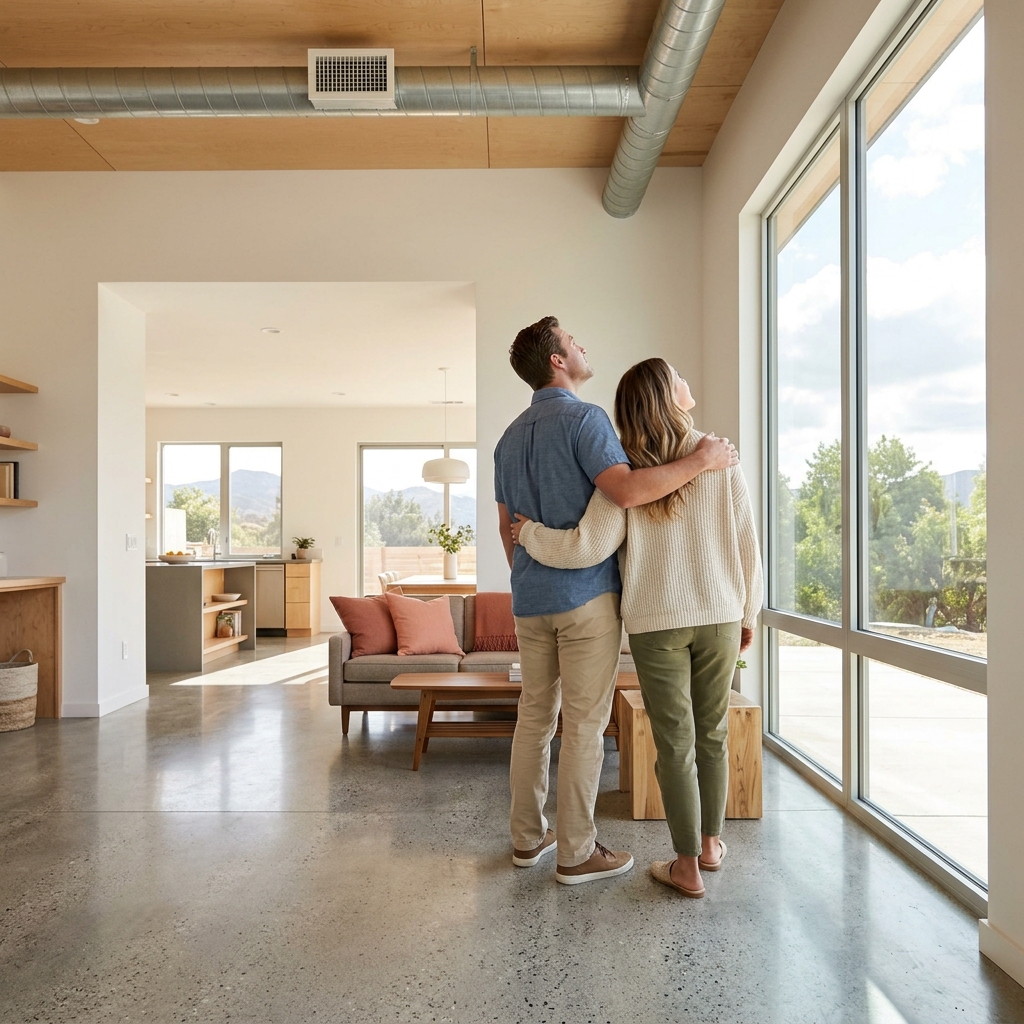 Couple examining ventilation and thermal features inside new home