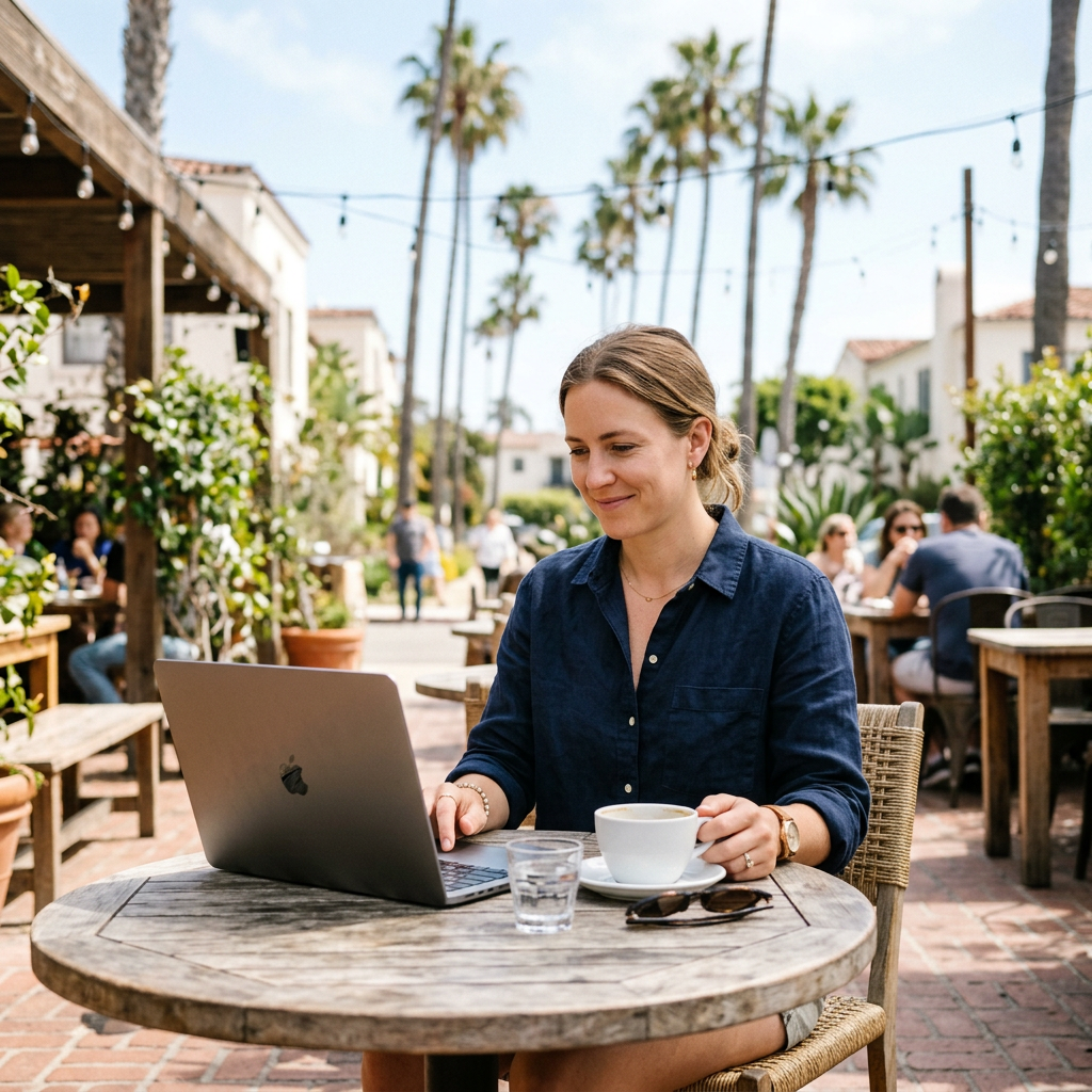 Buyer reviewing new construction listings at coffee shop