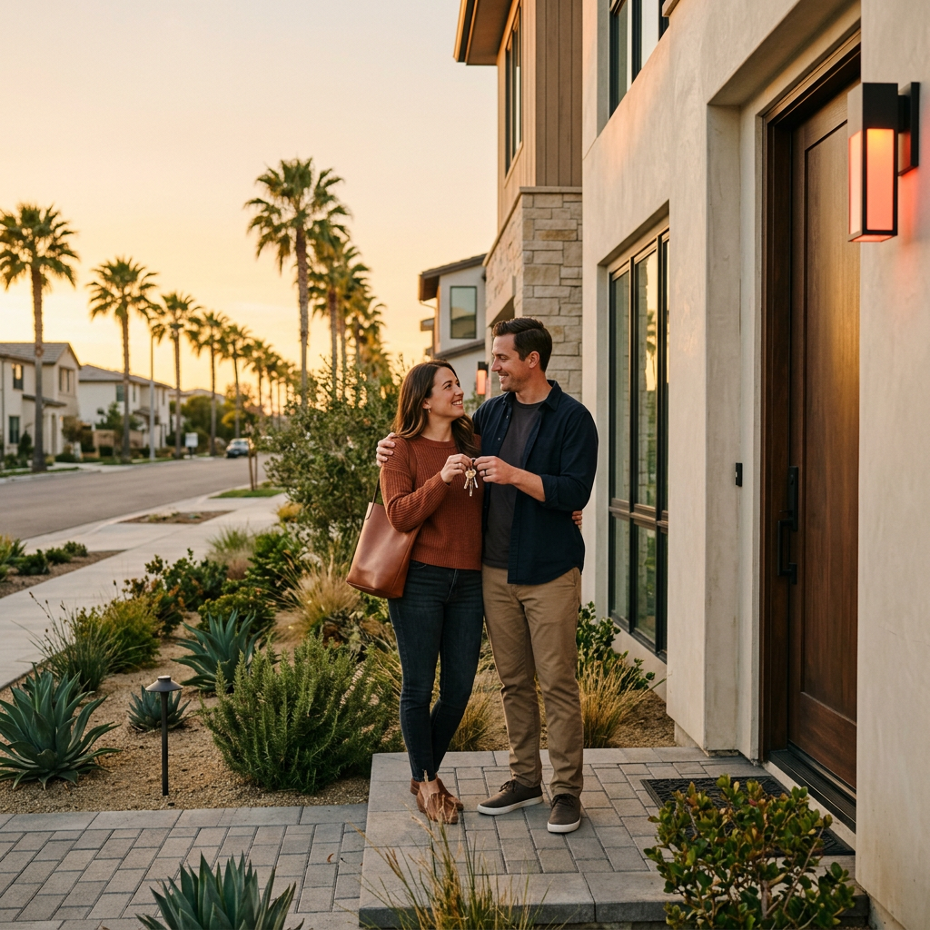 Couple holding keys at new home entrance at sunset