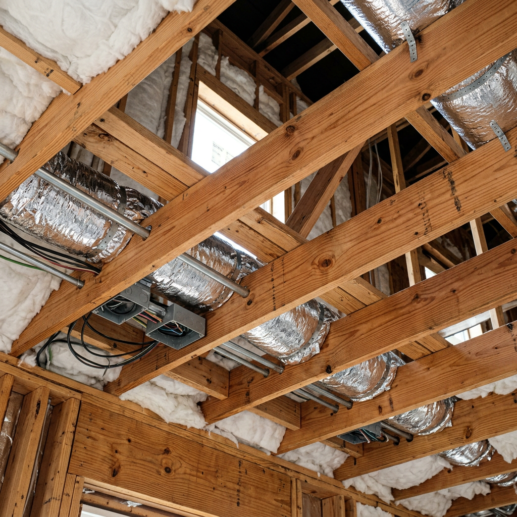 Exposed ceiling joists HVAC ducts and insulation in unfinished home